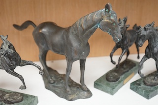 Osborne, three bronze models of horses, Darley Arabian and Byerley Turk, another similar model plus a spelter model of a horse (4). Tallest 25cm high. Condition - possibly with light cleaning the marks maybe removed from